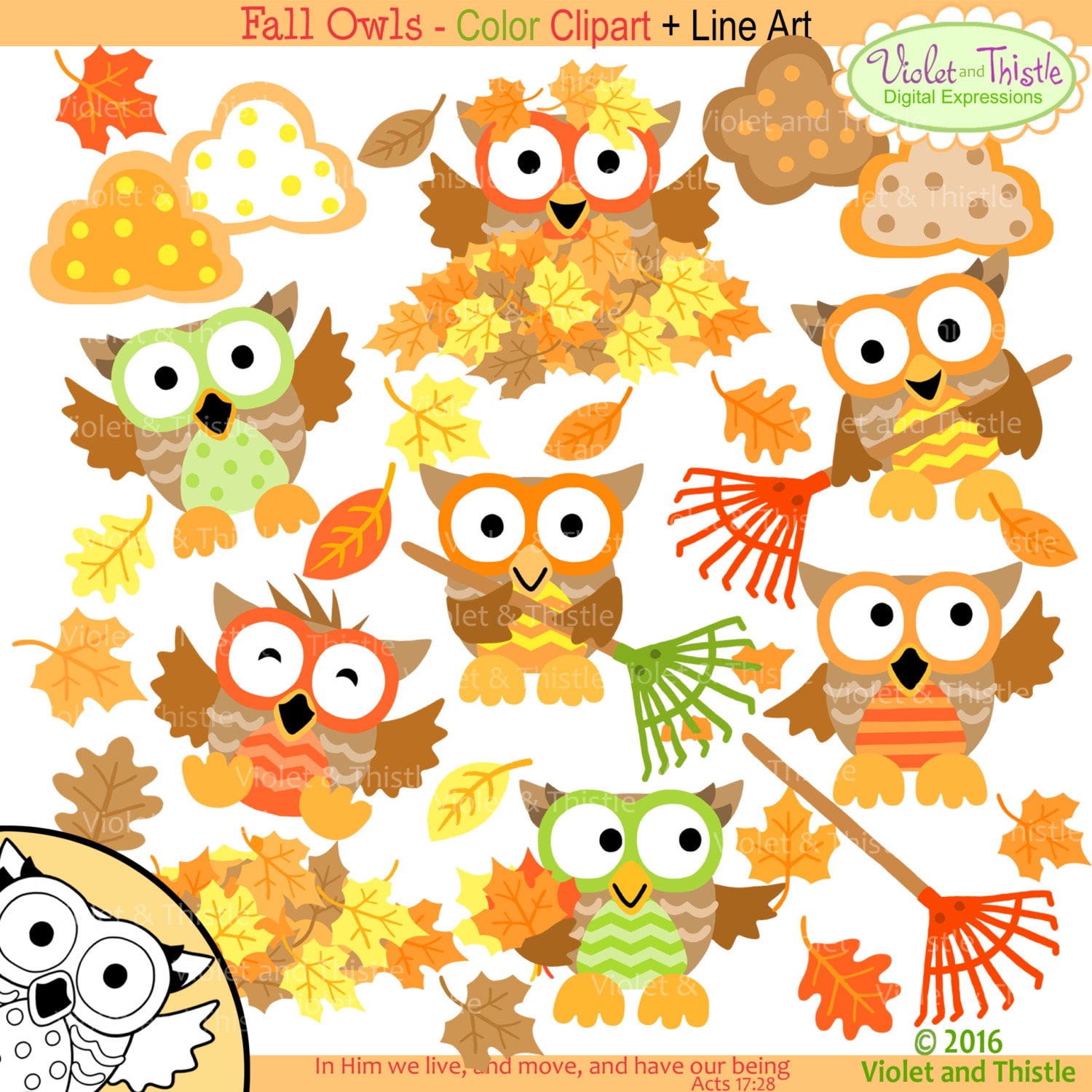 Fall Owl Clipart Clip art Line Art Fall Owls Bundle Oak
