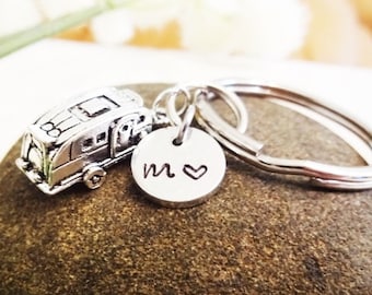 CAMPER KEYCHAIN with initial charm - travel trailer - Please see all photos to order - One flat rate shipping in my shop :)