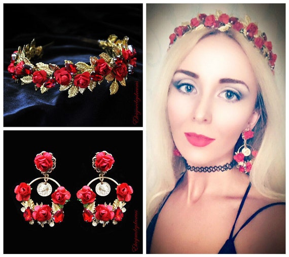 Red rose crown red flower crown set diadem by Elviejewelrydreams