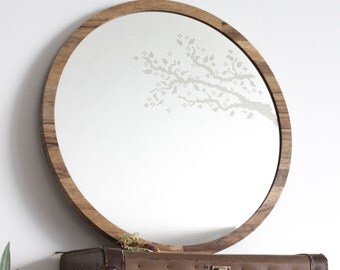 Large round mirror //Branches cross stitch mirror // Decorative mirror // Boho Vintage style // Unique vanity mirror // Woden mirror