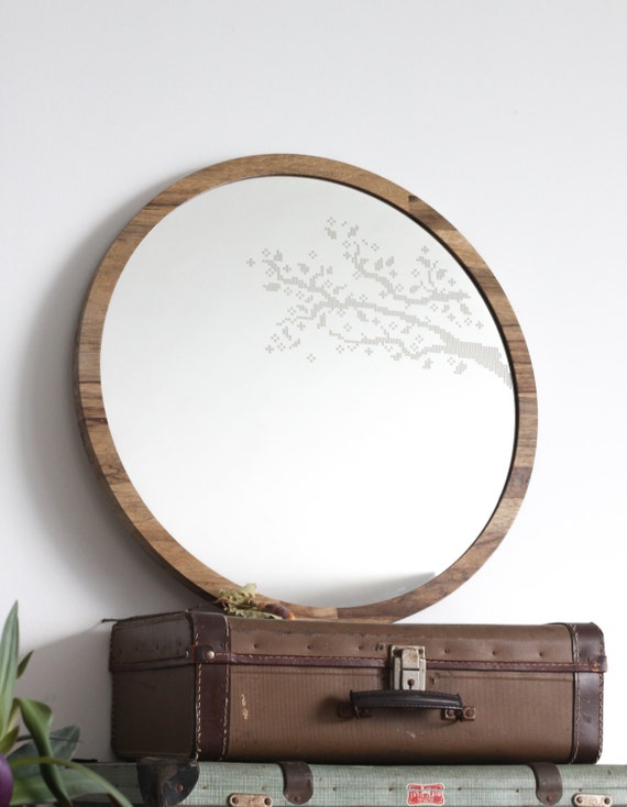 Large round mirror //Branches cross stitch mirror