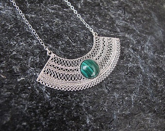 Malachite silver necklace,silver necklace, Necklaces,Yemenite jewelry, Israeli jewelry,filigree necklace,malachite necklace