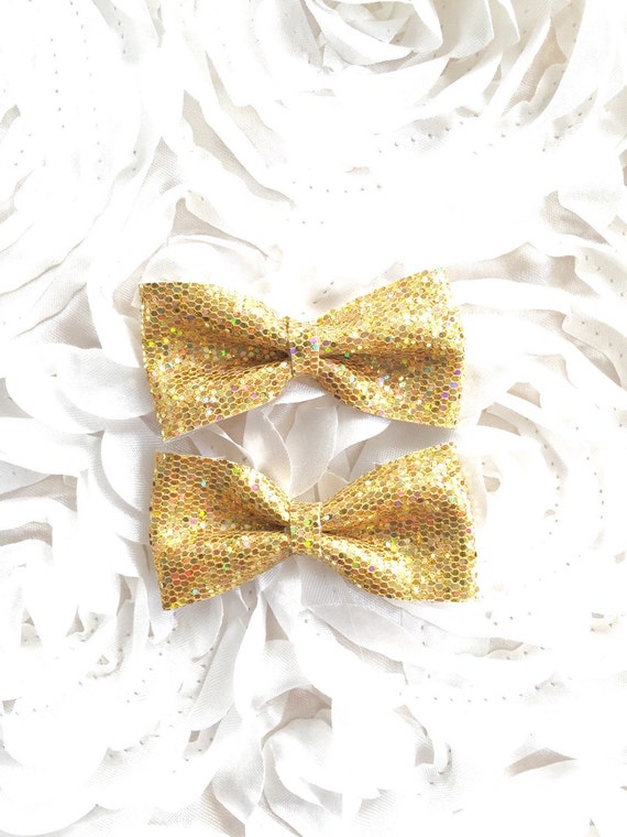 Items similar to Gold bow tie hair clips, hair bows, sparkle on Etsy