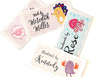 Custom Sew In labels, Colorful Animals, 2 x 1" Uncut, Iron on or Sew On • Colorfast 100% Cotton, 9 Styles and Colors, A Great gift!