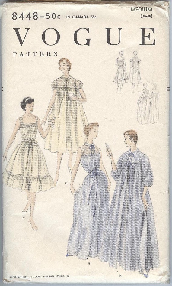 1950s Nightgown Pattern Vogue 8448 Peignoir Bathrobe Shortie