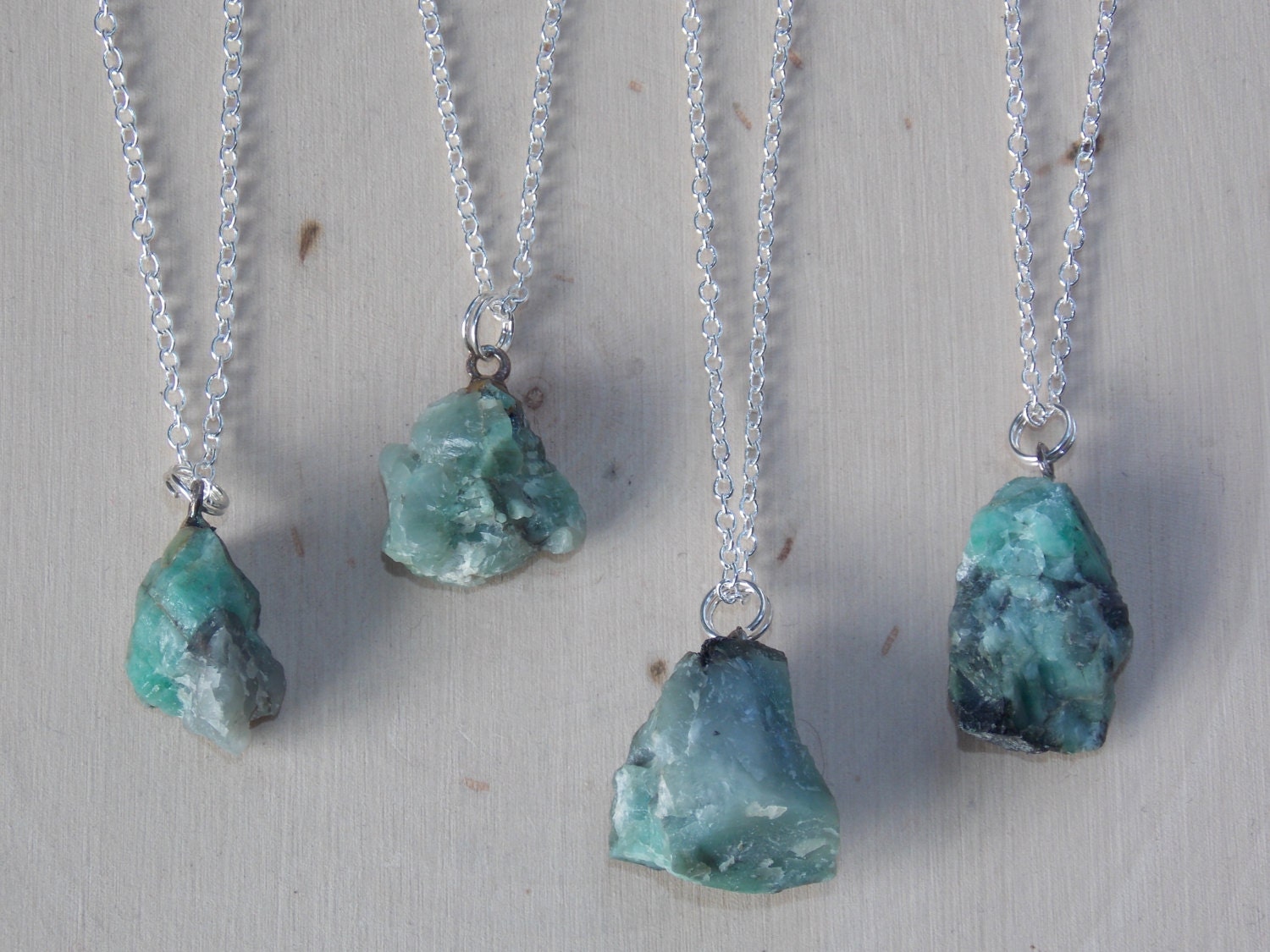 Raw Emerald Necklace with Sterling Silver Chain: Rough Uncut