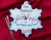 Snowman Family Sign, Personalized Sign, Large 11" Hand Painted Wooden Snowflake Sign