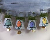 Shabby Chic Birdhouse Bells; Cottage Colors; Yellow, Pink, Green, Lavender, Turquoise and Tangerine