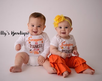 Baby Girl Thanksgiving Outfit Set – Everyone is Thankful for Me T Shirt, Ruffled Pants & Flower Headband-- Twins Outfit -- Gender Neutral