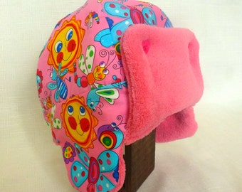 Pink Trapper Hat, age 3-5, girls hat, winter hat, earflaps hat, ear flaps, aviator hat, girls hat, pink hat, girls clothes, butterflies