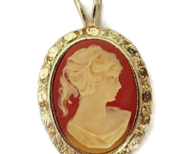 Cameo Pendant Necklace - Vintage Cream & Coral Orange Pendant, Gold Tone Necklace