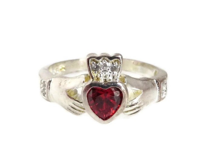 Vintage Garnet Sterling Silver Ring, Irish Claddagh Ring, Size 8