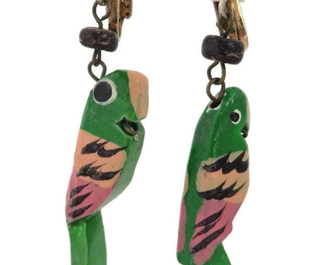 Green Parrot Earrings, Vintage Wood Parrot Dangling Clip-on Earrings