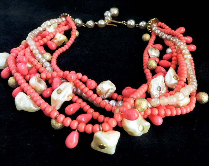 Vintage Multistrand Necklace - Faux Coral & Pearl Beaded Choker, Gift Idea, Gift Boxed