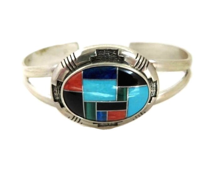 Vintage Turquoise Sterling Silver Cuff, Turquoise, Coral, Lapis, Onyx, Malachite Bracelet, Birthday Gift, Christmas Gift