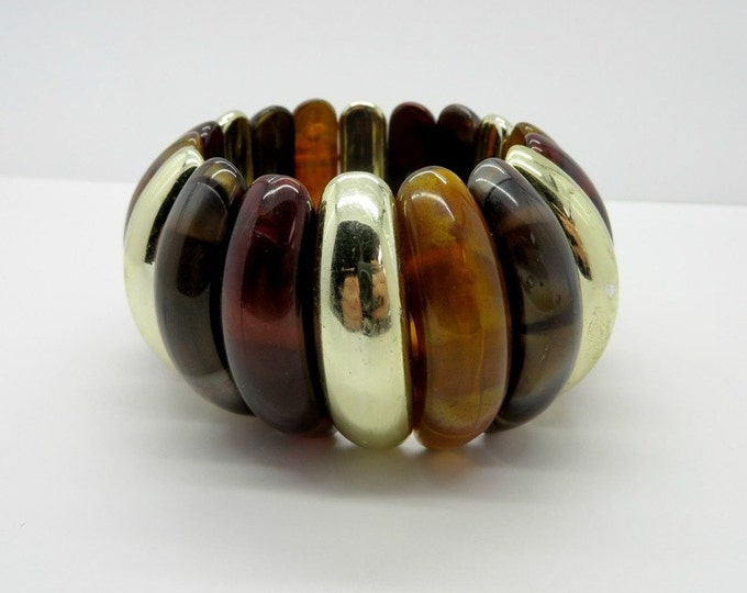 ON SALE! Amber Lucite Bracelet, Vintage Expansion Bracelet, Tortoise Shell, Amber, Silvertone Bracelet, Chunky Bracelet