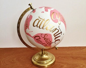 Painted globe, hand painted world globe, hand painted globe, travel globe, pink and white, nursery decor, office decor, dorm decor