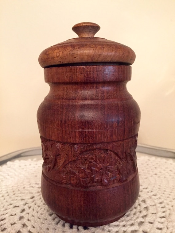 Items similar to VTG Turned Wood Covered Carved Ginger Jar Container ...