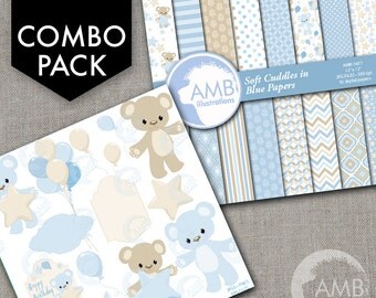 COMBO Teddy bear, nursery, slumber party, baby boy, bear, Digital Clipart and Digital paper, Boy birthday clipart AMB-1601
