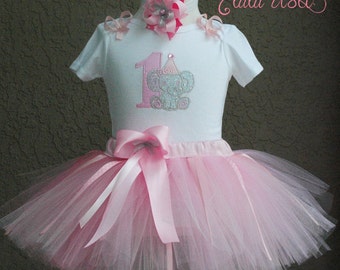 Elephant Baby Girl 1st Birthday Outfit, 1st Birthday Pink and Gray Elephant Tutu Outfit, First Birthday Pink and Gray Elephant Tutu Set
