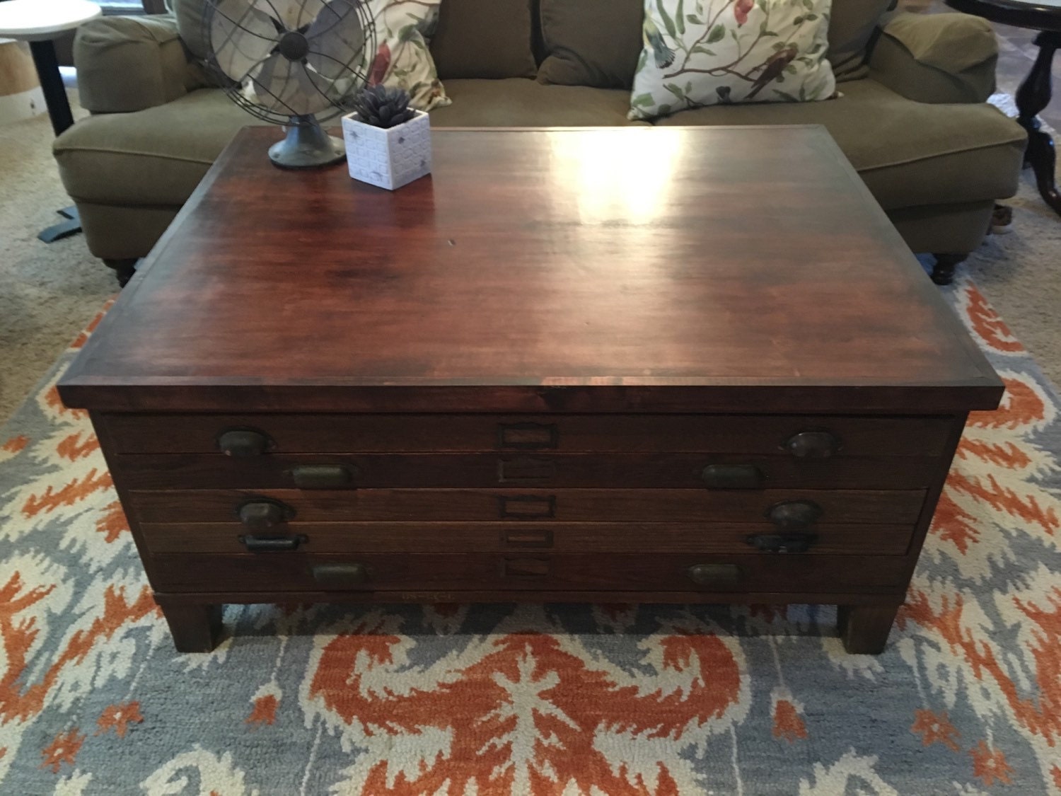 Vintage Wooden Map Flat File Coffee Table with Storage