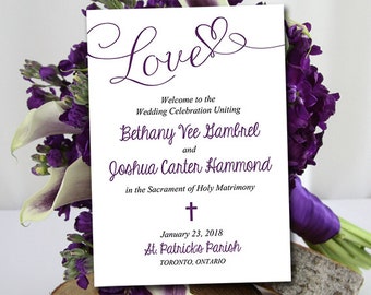 Catholic Wedding Program Template - Printable Fold Over Ceremony Program Download "Love" Script Order of Ceremony - Purple Eggplant Wedding