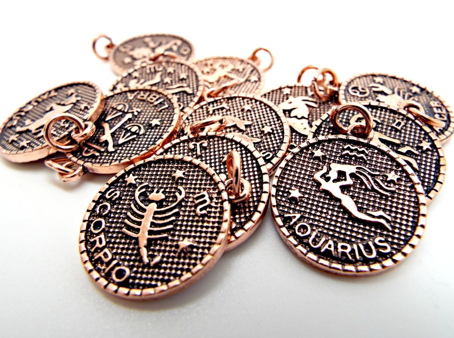 12 Zodiac Charms, Star Sign Charms, Zodiac Pendants, 23mm Copper Charms