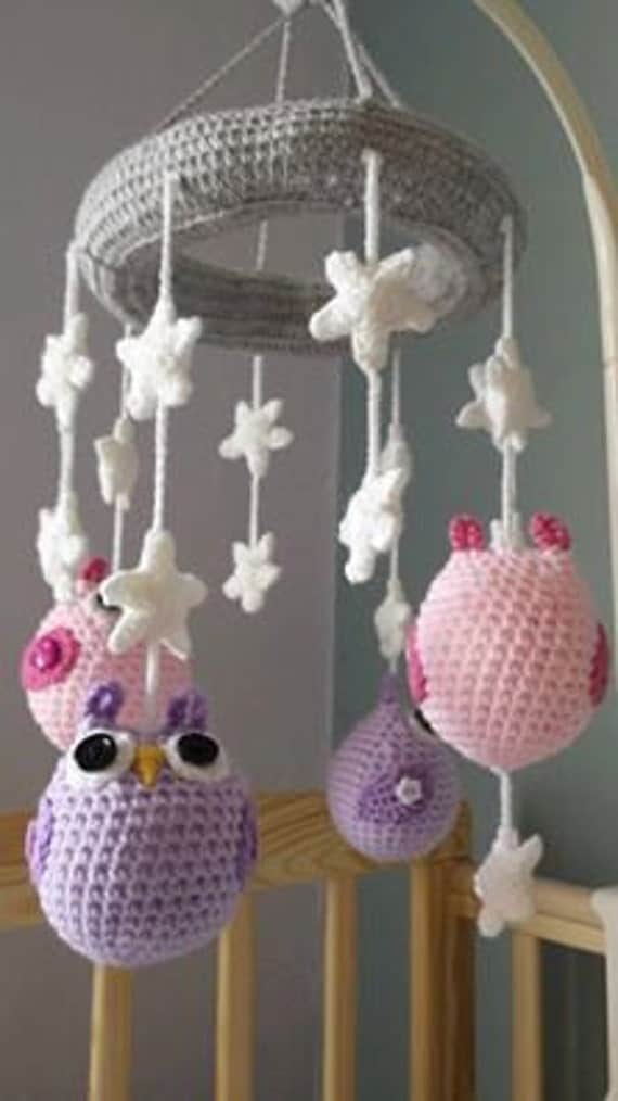 Items similar to Handmade crochet baby nursery cot mobile with owls and