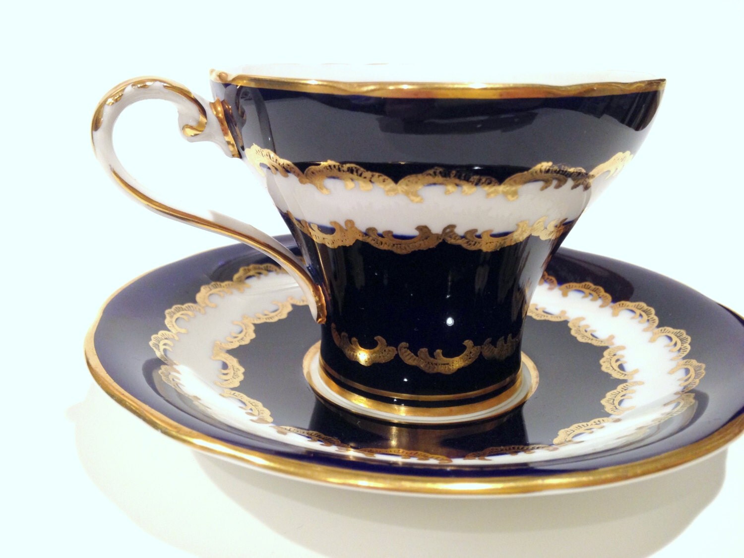 Navy Blue Aynsley Tea Cup and Saucer, English Bone China Teacups, Tea