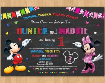 Mickey and Minnie Invitation, PRINTABLE Mickey and Minnie Birthday Invitations, Twin Birthday Invitations 1st First Chalkboard Mouse Sibling