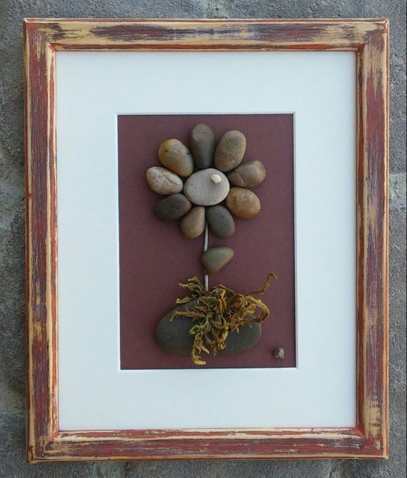 Items similar to Pebble Art / Rock Art Flower set in an "open" 8x10
