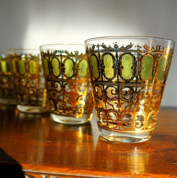 Culver Glass Mid Century Barware Four 4 Green Olivine Scroll