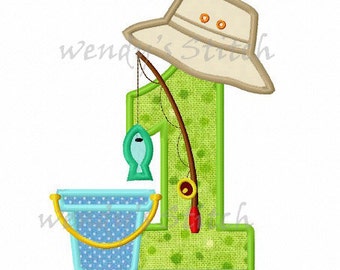 Fishing applique birthday number 1 machine embroidery design instant download