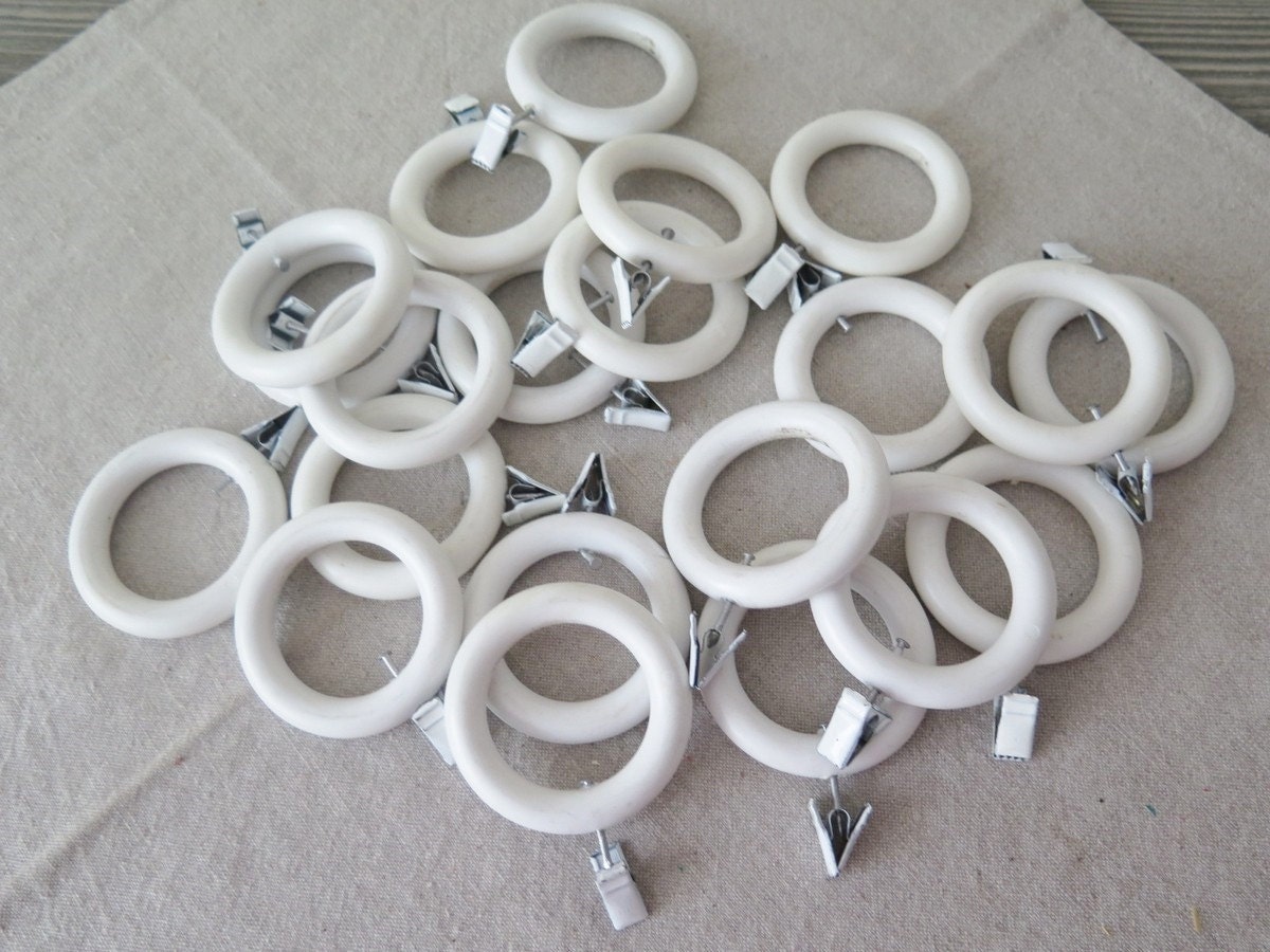 RESERVED. White Curtain Rings w Metal Clips Set of 21 Window