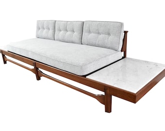 Mid Century Modern Pearsall Style Platform Sofa / Daybed - Vintage Sofa w/ Italian Marble End Tables - Newly Refinished