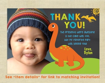 Dinosaur Thank You Card with Photo, Birthday, Personalized, Dino Thank You, Matching