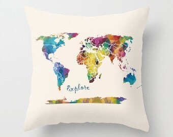 Explore Map Throw Pillow , geomtric map colorful, travel decor map, cushion, cute, sofa, bed, dorm
