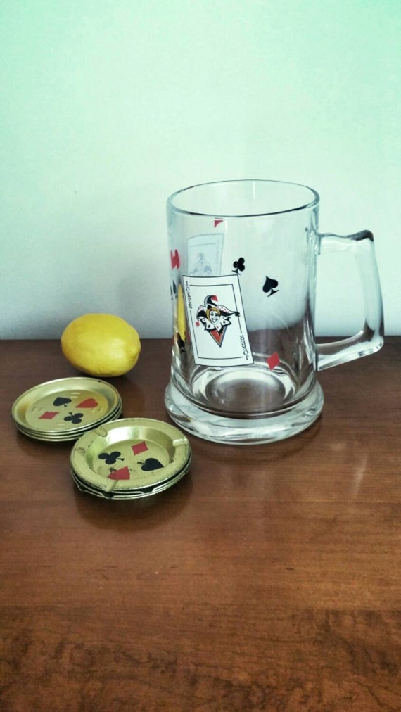 Vintage Large Glass Beer Stein With Images Of Cards And The