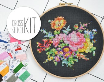 BOUQUET OF FLOWERS - victorian cross stitch kit floral 25 colors - complete craft kit with supplies, counted embroidery pattern instructions