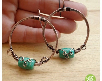 Hammered hoop earrings, jasper earrings, copper hoops , wire earrings copper, green earrings, hammered copper earrings, wire wrapped earring