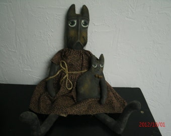 Primitive Folk Art Cat Doll Set - Grungy Cats