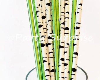 Straws Birch Tree Green Foil Paper Straws Rustic Wedding Party Straws Black and White Birch Tree Straws