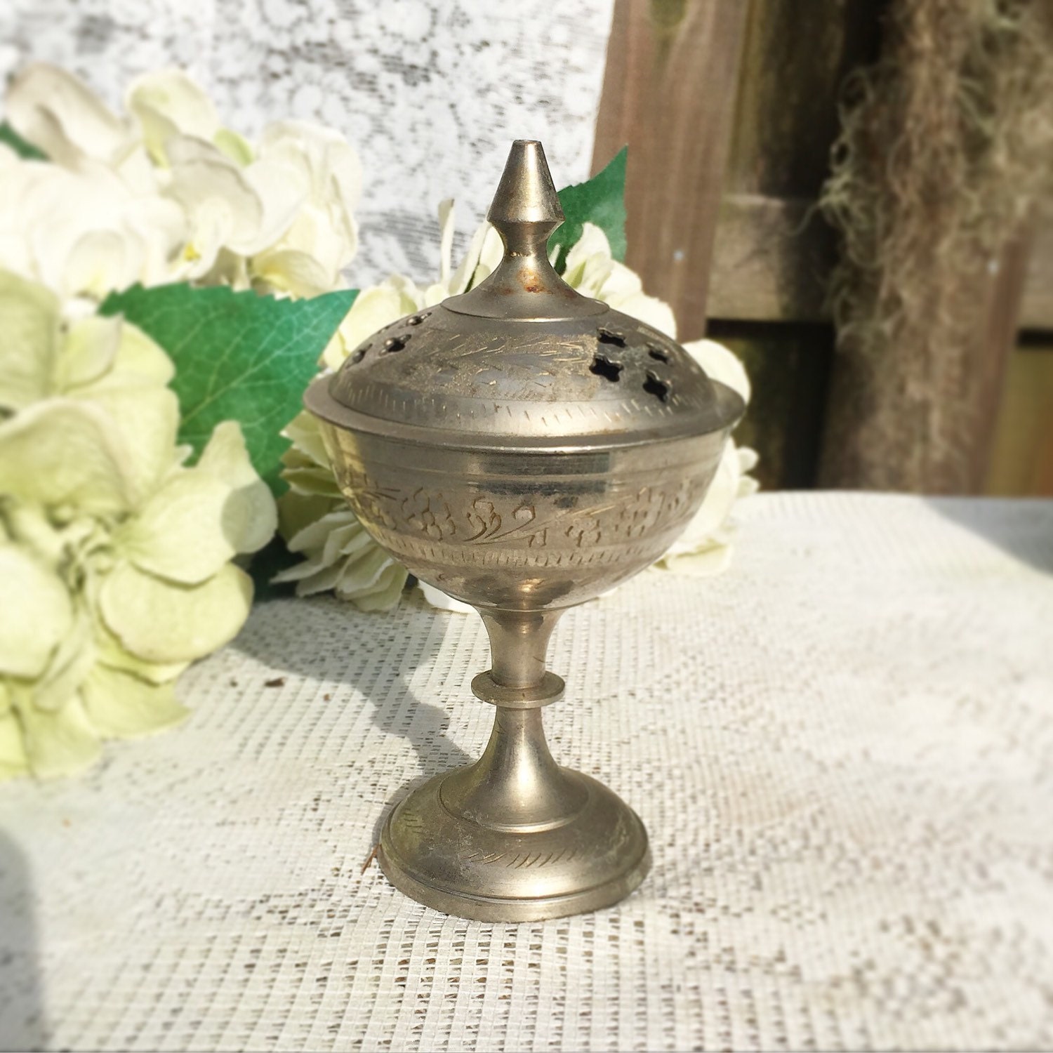 Pewter Incense Burner Holder w/ lid Pedestal Silver Metal