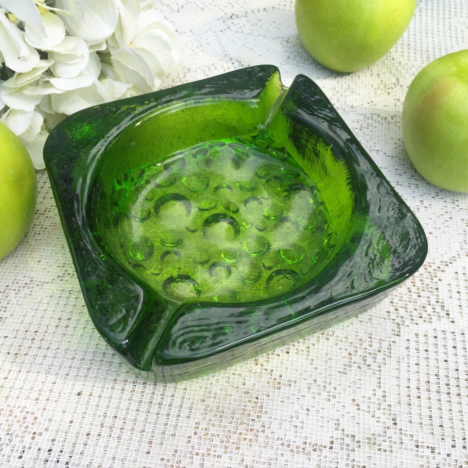 Retro Green Glass Ashtray Bubble Art Glass round trinket