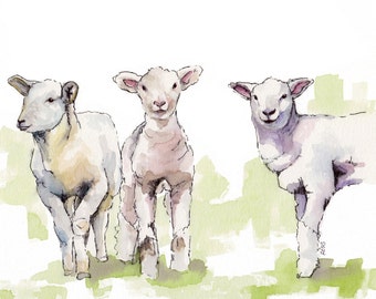 Lamb Painting - Print from Original Watercolor Painting, "Three Lambs", Nursery Decor, Sheep, Lamb Nursery, Baby