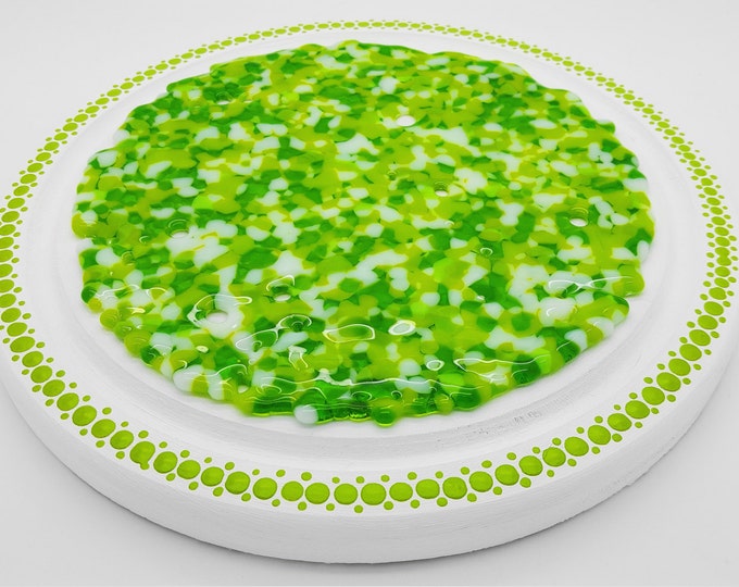 Lime green casserole/plant stand. Fused glass/ wood round pot stand Table centre, condiment holder. Pan stand. Housewarming gift. Home decor