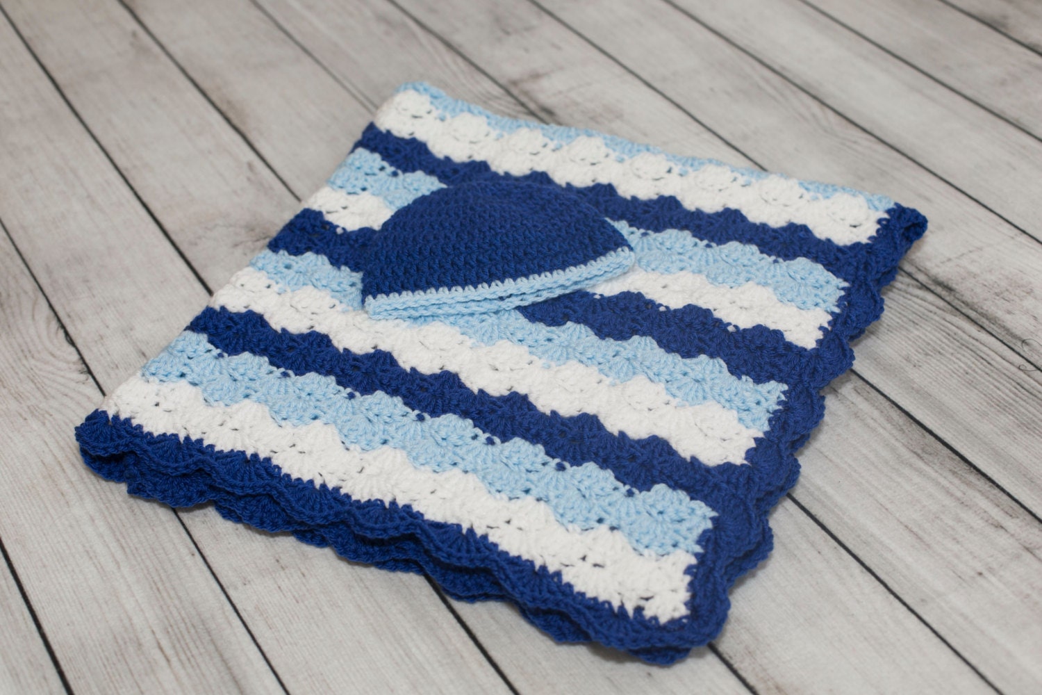 Crochet Baby Blanket/Boy Baby Blanket/Blue and White Crochet