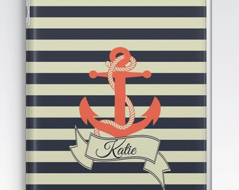 iPad Air Case, iPad Air 2 Case, iPad 1 Case, iPad 2 Case, iPad 3 Case, iPad Mini 1 2 3 4 Case - Nautical Stripes & Anchor Personalised Case