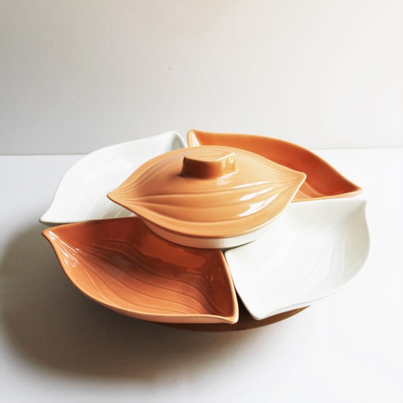 Vintage Lazy Susan chip n dip set rotating wood base
