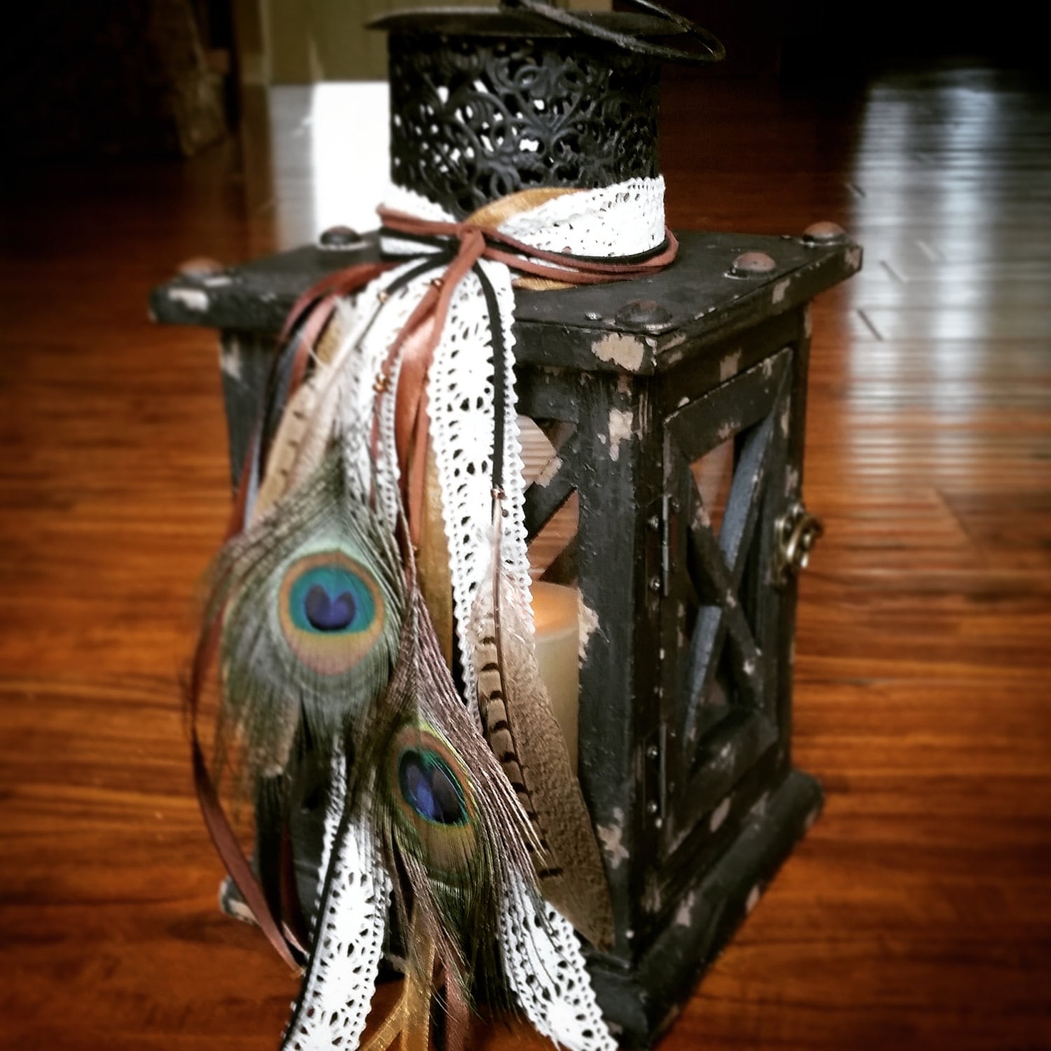 Boho Chic Rustic Black Candle Lanternwith peacock and